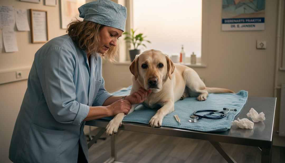 De dierenarts checkt of de hond een ontsteking heeft.