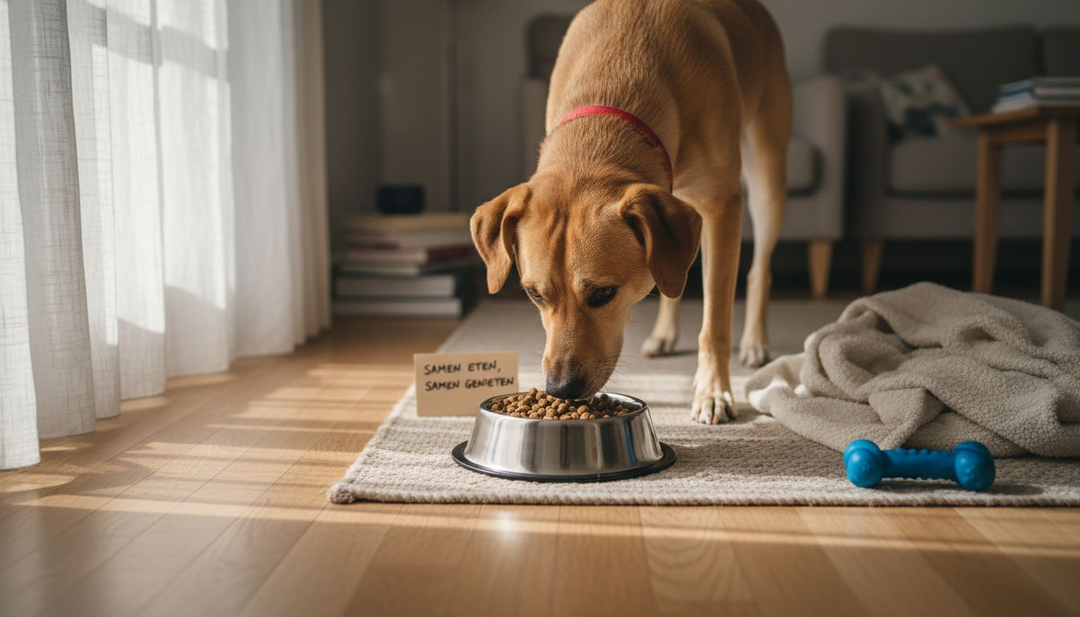 In de woonkamer smult de hond van zijn hypoallergene brokken.