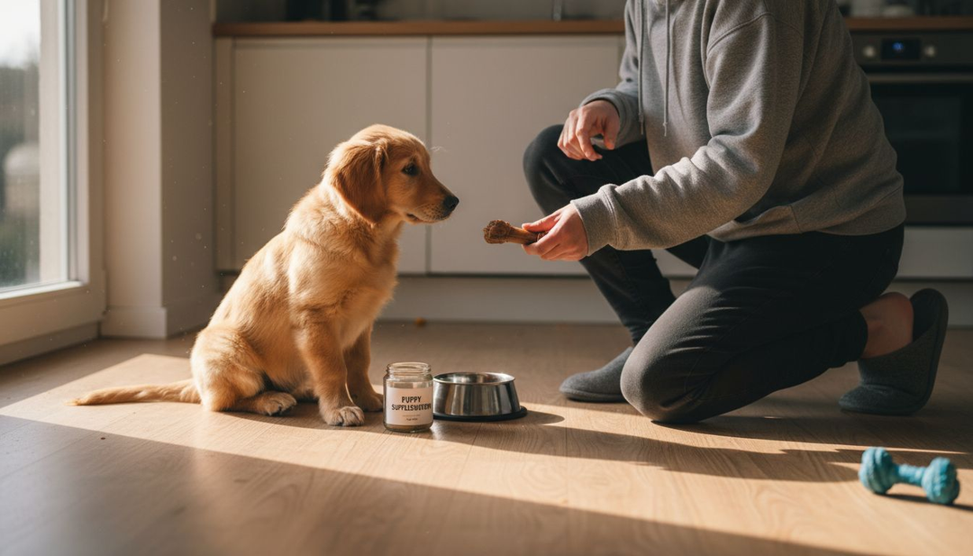 Een puppy zit samen met zijn baasje op de vloer, terwijl er een potje voedingssupplementen naast hen staat.