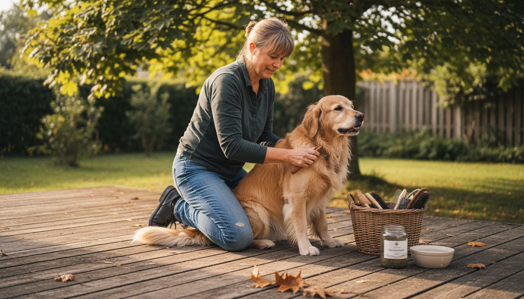 Op het houten terras zit een vrouw haar hond te borstelen.