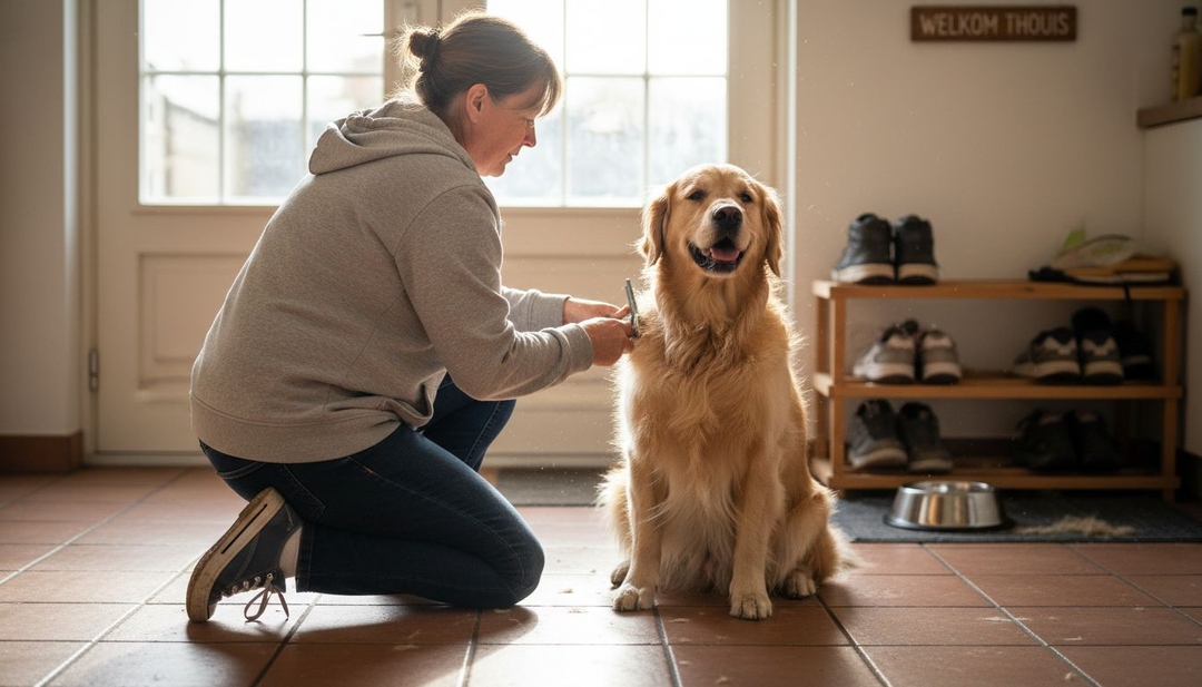 Een vrouw geeft haar hond thuis een verzorgende borstelbeurt om de huid gezond te houden.