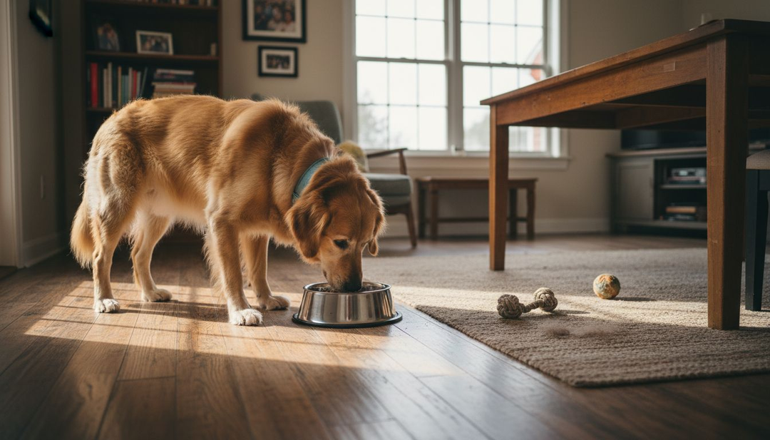 Een golden retriever geniet van zijn bak voer in het zonnetje.