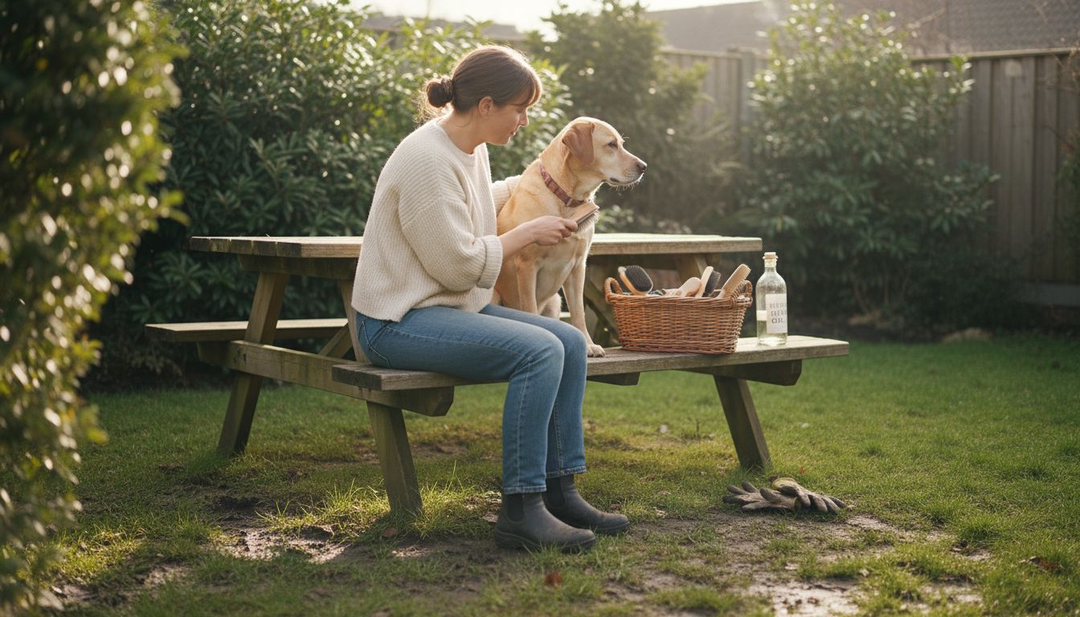 Een vrouw geeft haar hond buiten een natuurlijke verzorging.