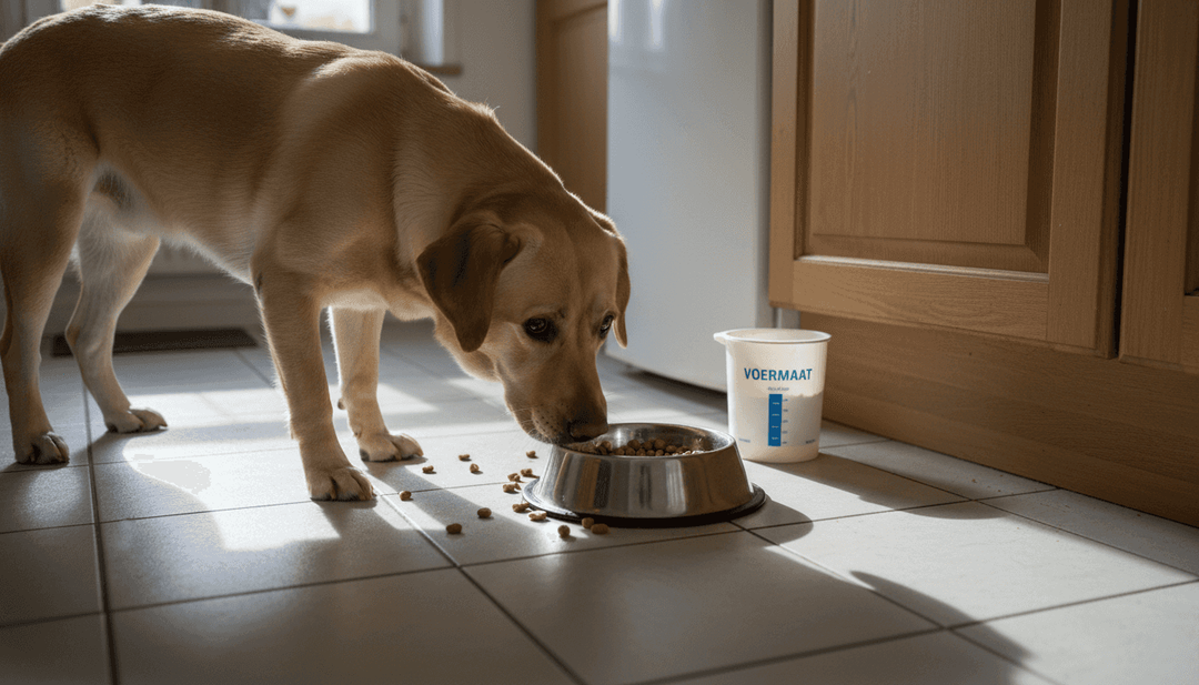 Een hond geniet van zijn voerbak in de zonovergoten keuken.