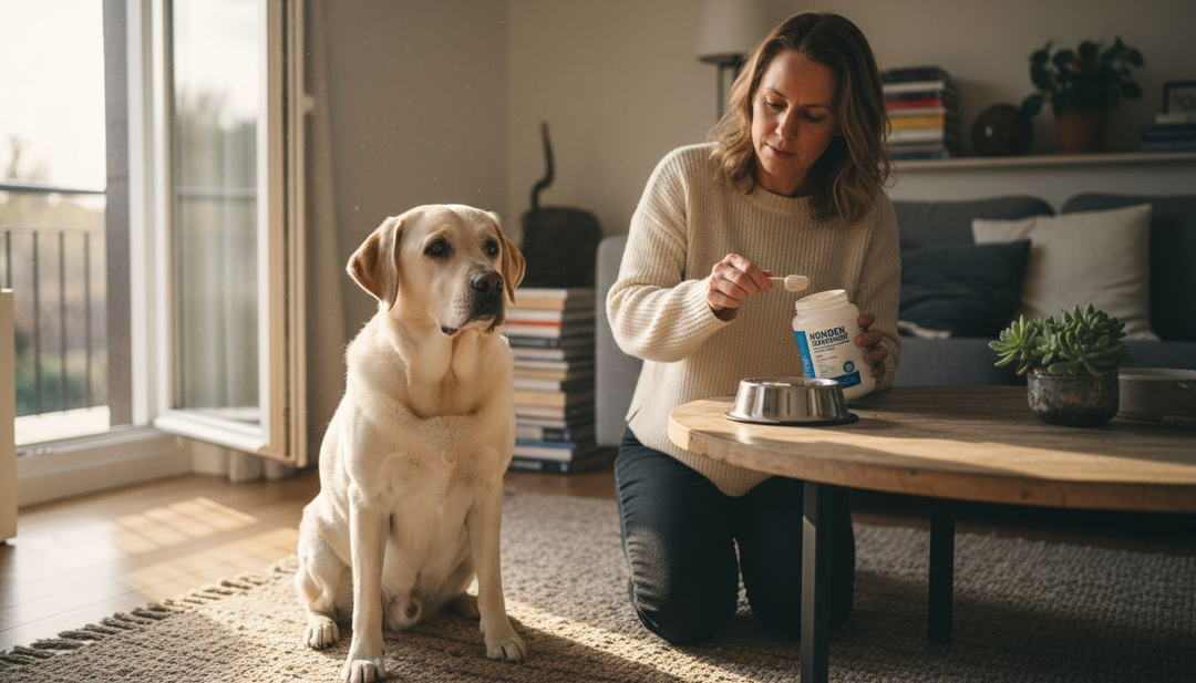 Een hond zit geduldig naast zijn baasje te wachten terwijl die een supplement klaarmaakt.