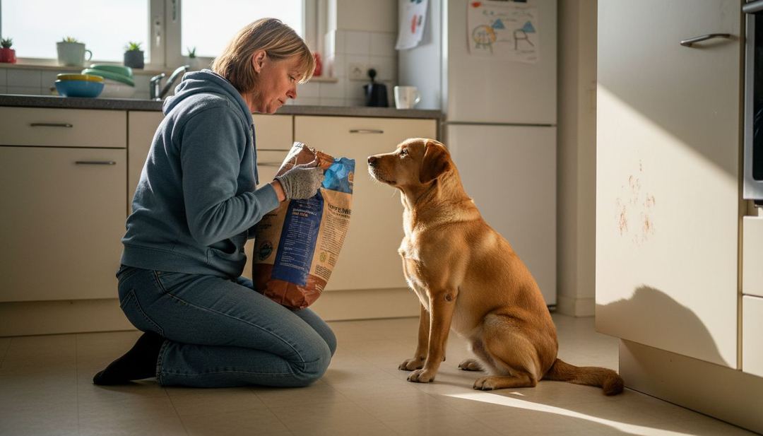Een vrouw bekijkt het hondenvoer aandachtig in haar keuken.