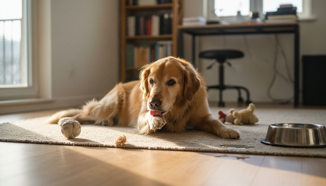 Een golden retriever ligt heerlijk te slapen in de zonovergoten woonkamer.