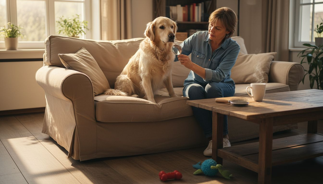Baasje checkt de vacht van zijn hond op huidproblemen.