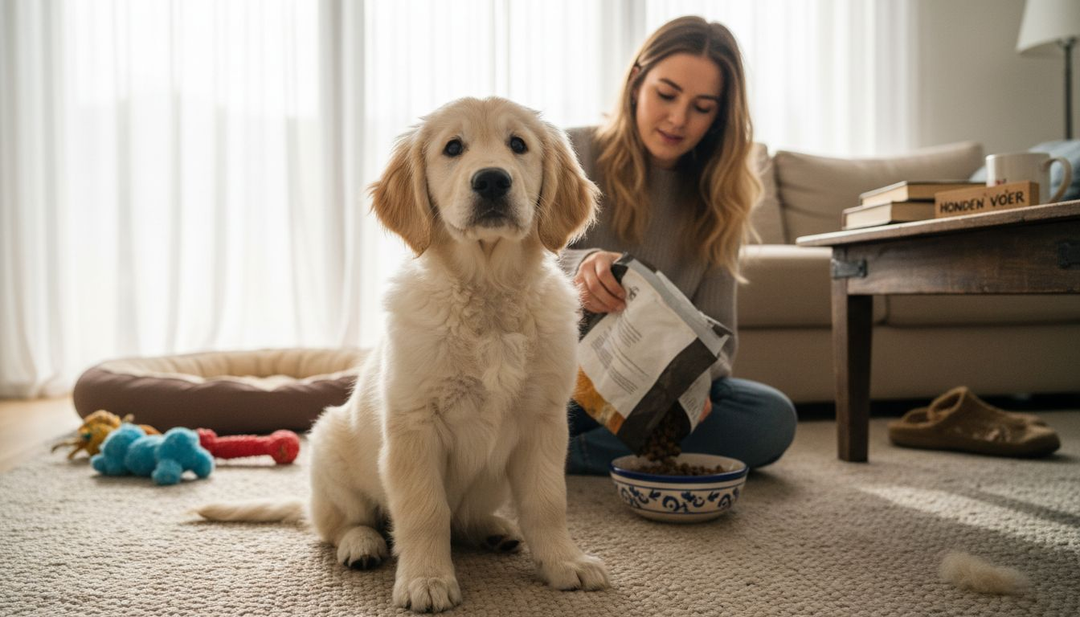 Terwijl het baasje de brokjes klaarzet, zit de pup geduldig te wachten.