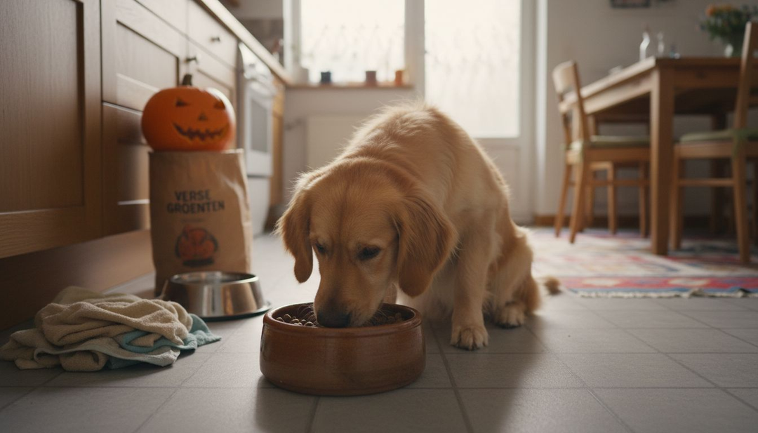 Een golden retriever geniet van zijn vezelrijke hondenbrokken.