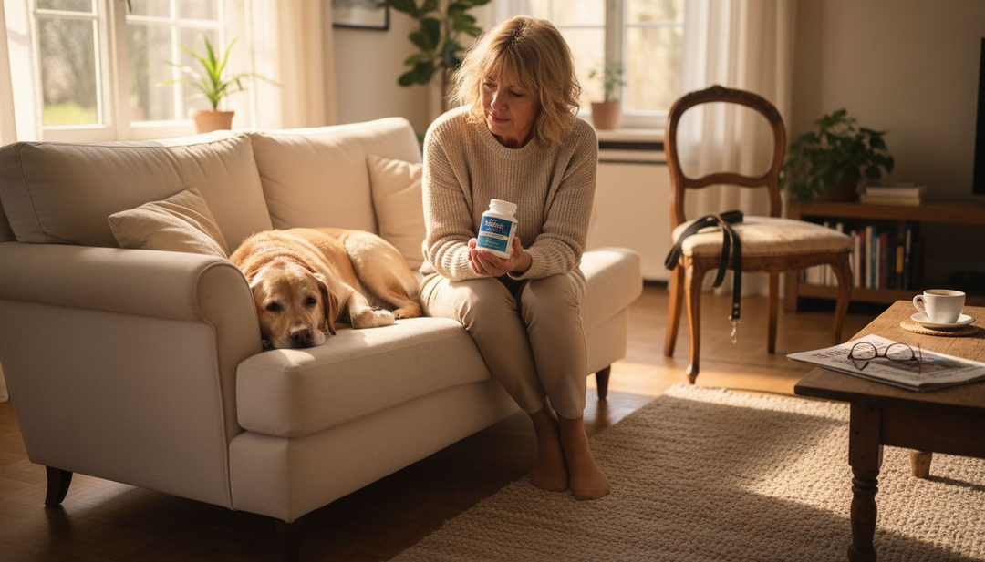 Een oudere hond geniet van zijn supplement in een lichte, gezellige woonkamer.