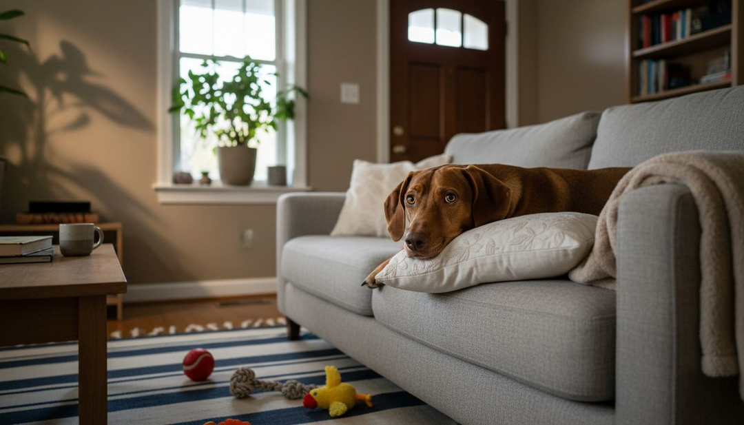 Een onrustige hond in de woonkamer