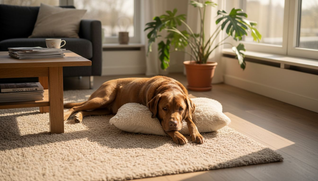 Een hond ligt lekker relaxed op een kleedje in een zonnige woonkamer.