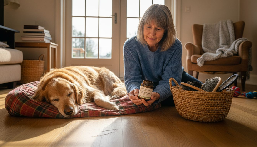 Een oudere hond die samen met zijn baasje lekker tot rust komt in huis.