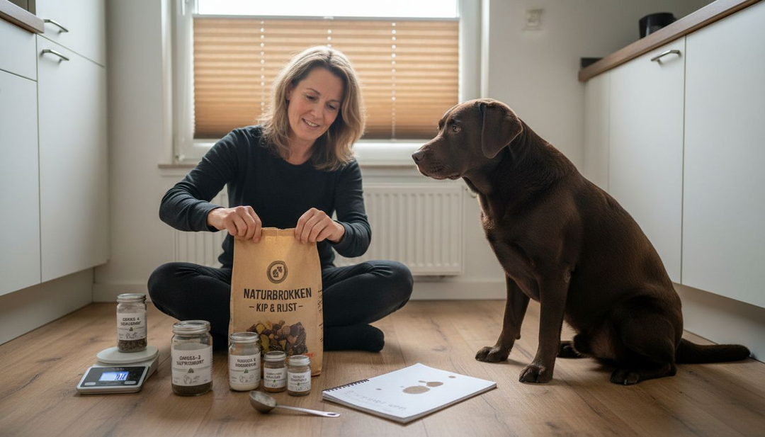 Een vrouw maakt het eten en de supplementen klaar voor haar hond.