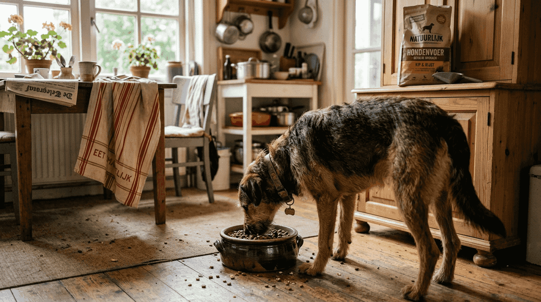 In een rommelige keuken zit een hond gezellig uit zijn voerbak te eten.
