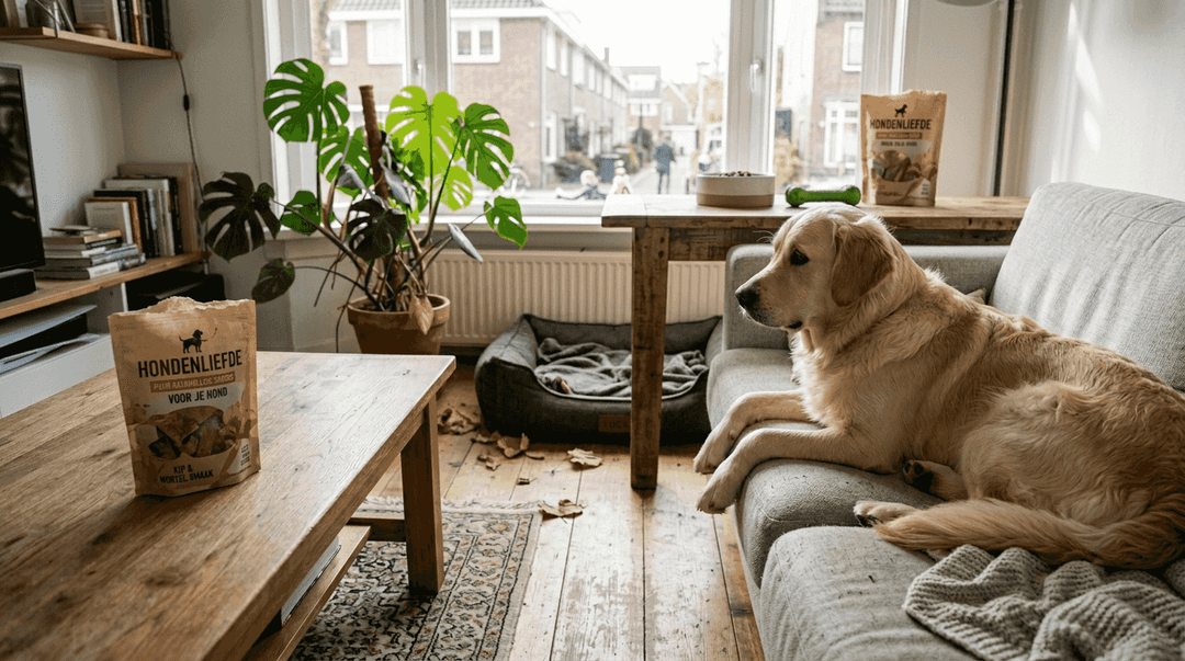 Een golden retriever die lekker relaxed ligt te genieten van zijn voerbak en wat smakelijke snacks.