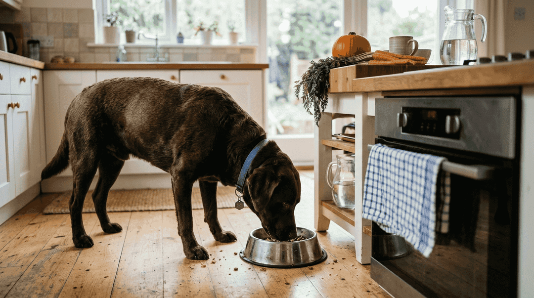 In de keuken zit een labrador rustig zijn gezonde brokken op te eten.