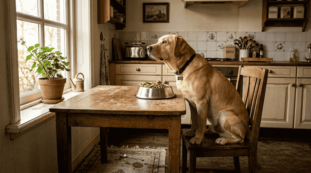 Labrador eet natuurlijke maaltijd aan keukentafel
