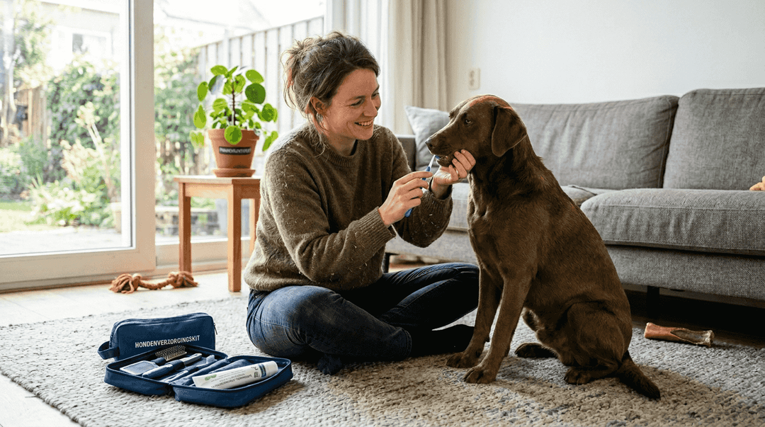 Een vrouw maakt het gebit van haar hond schoon terwijl ze op het tapijt in de woonkamer zit.