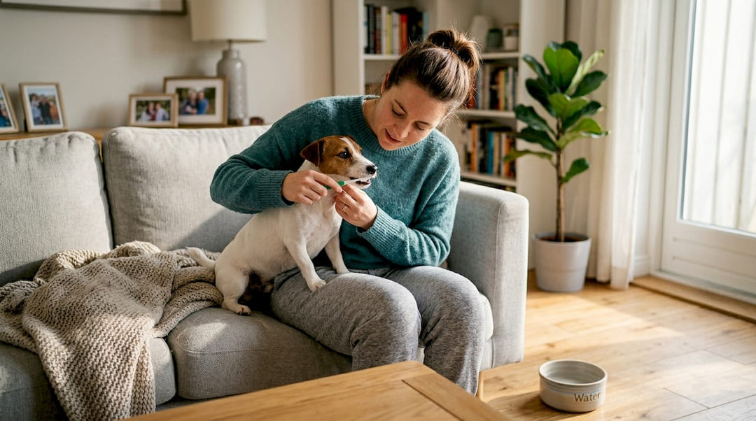 Een vrouw maakt thuis de tanden van haar hond schoon.