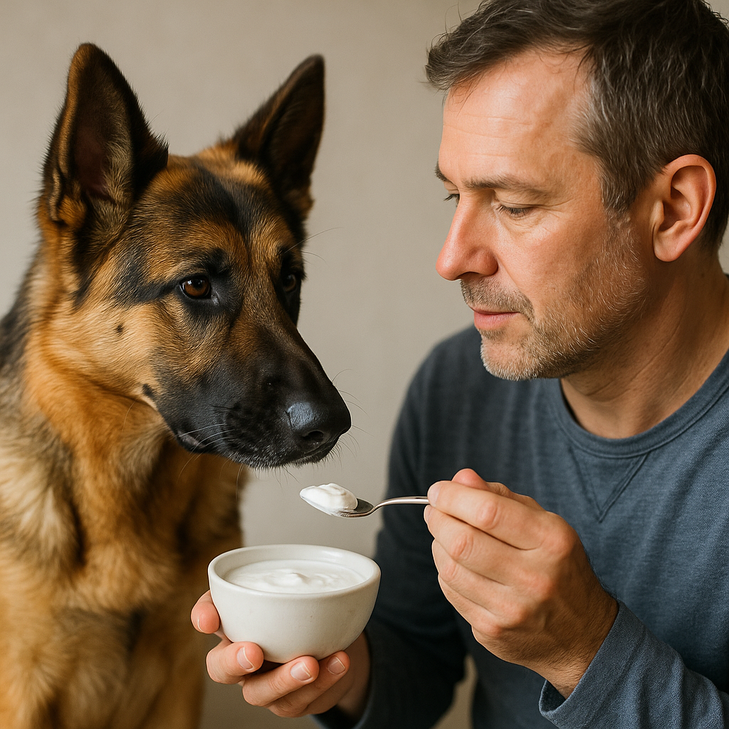 hond eet yoghurt met baasje