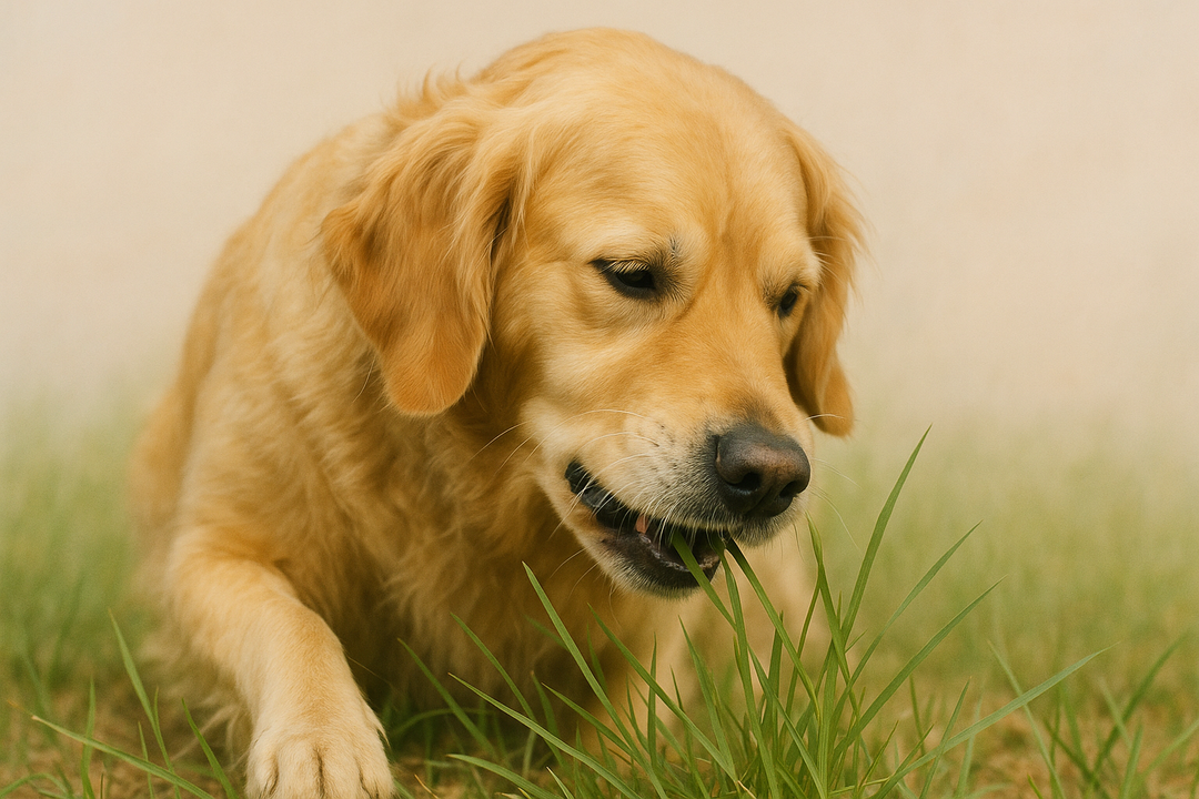 Hond kauwt op gras