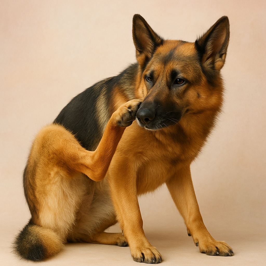 hond heeft zijn poot bij zijn mond