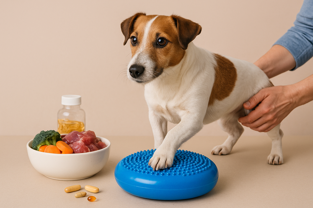 hond met een groenteschaal