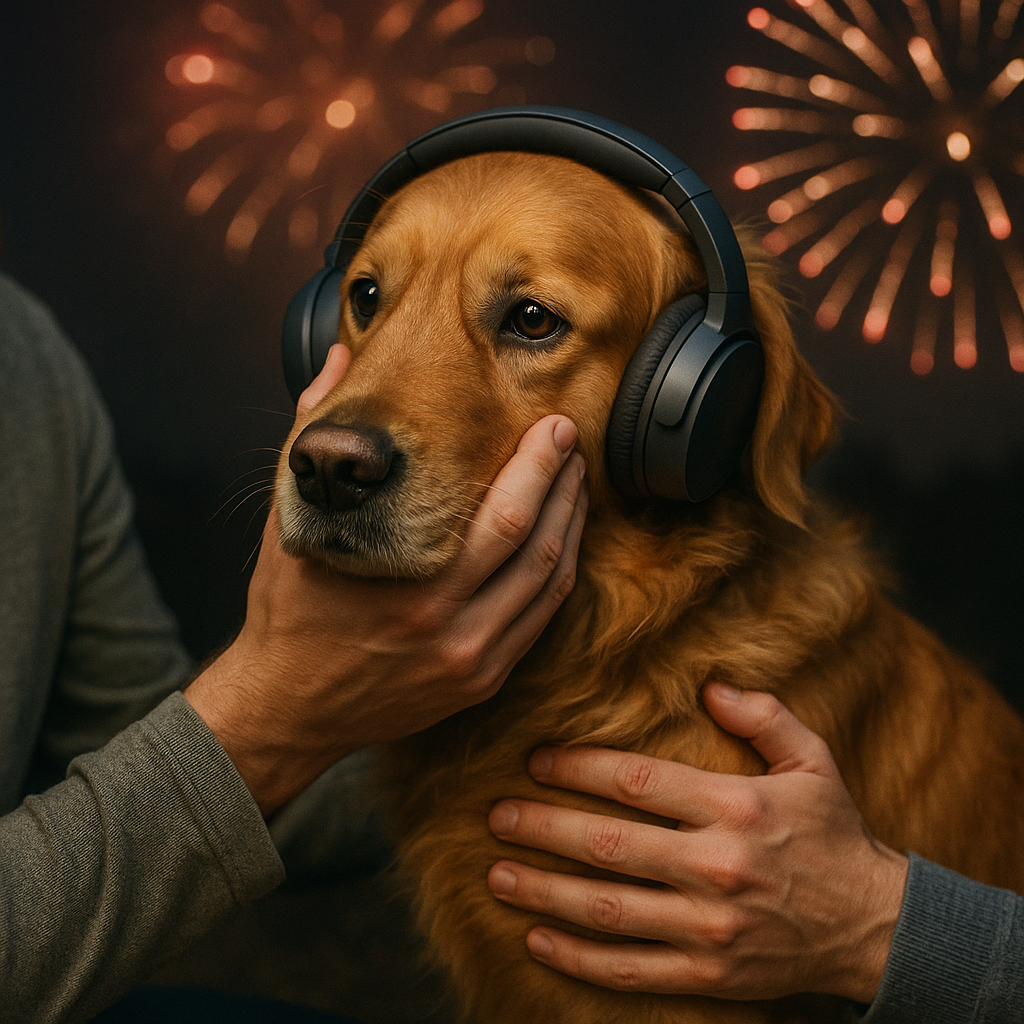 hond met koptelefoon op tijdens vuurwerk