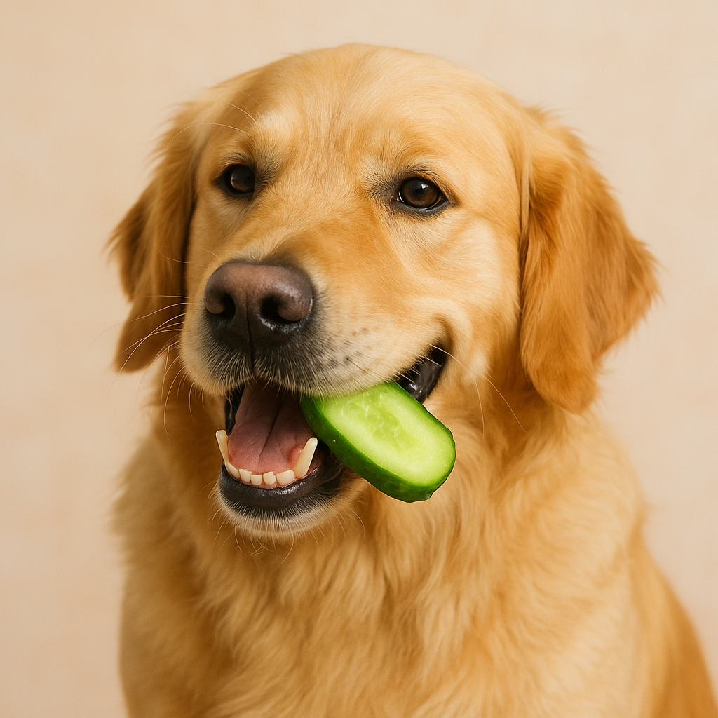 hond met komkommer in zijn mond