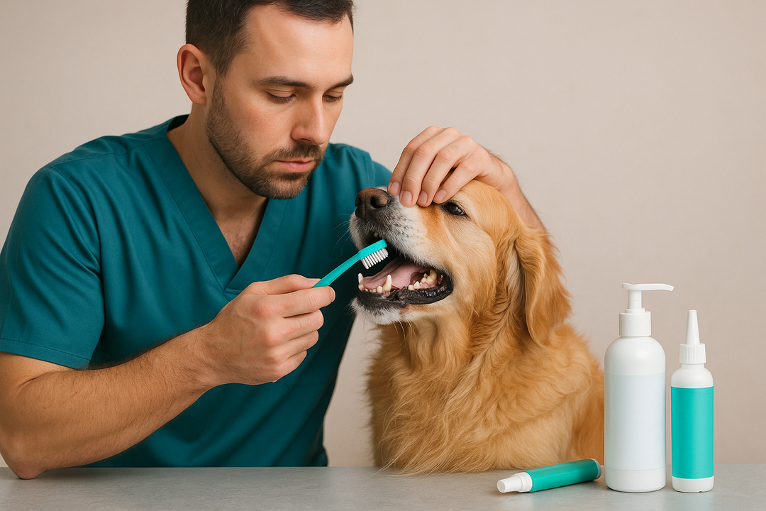 hond zijn tanden worden gepoetst
