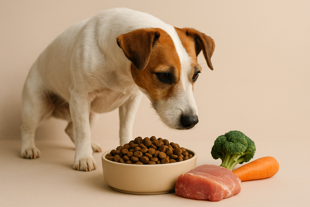 hond met brokken, groente en vlees