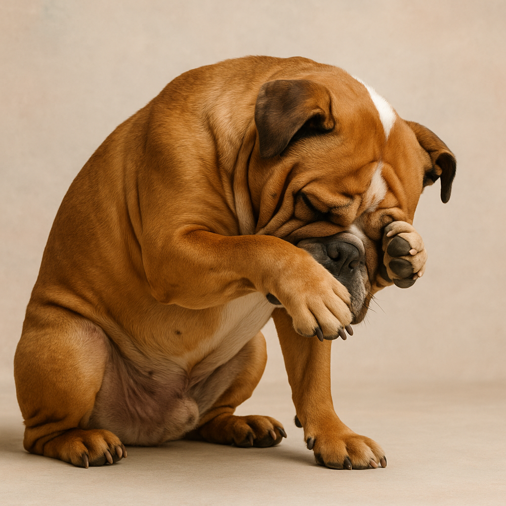 hond verschuilt zich achter zijn poten