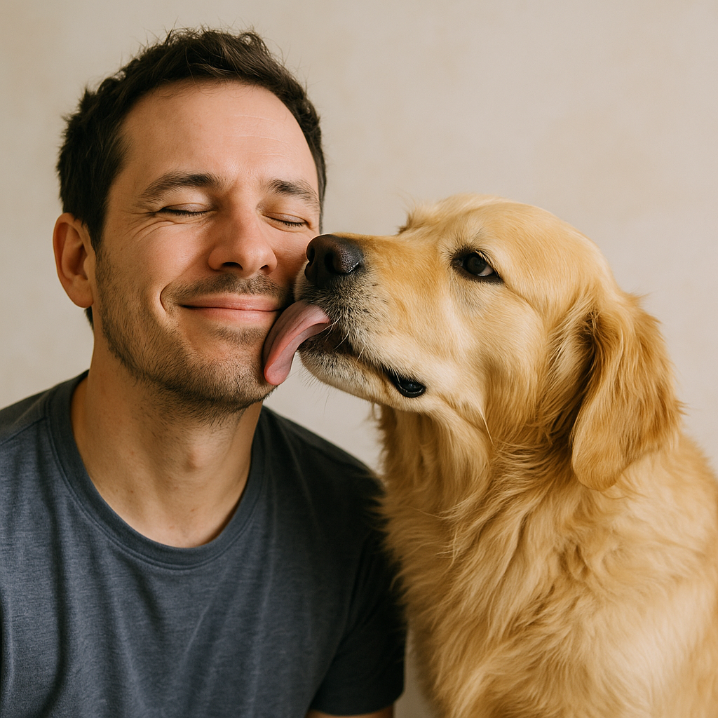 hond likt zijn baasje in zijn gezicht