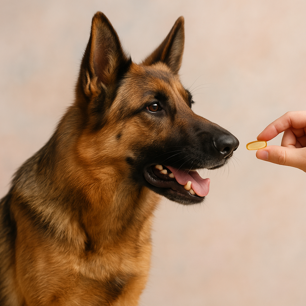 hond neemt een pil