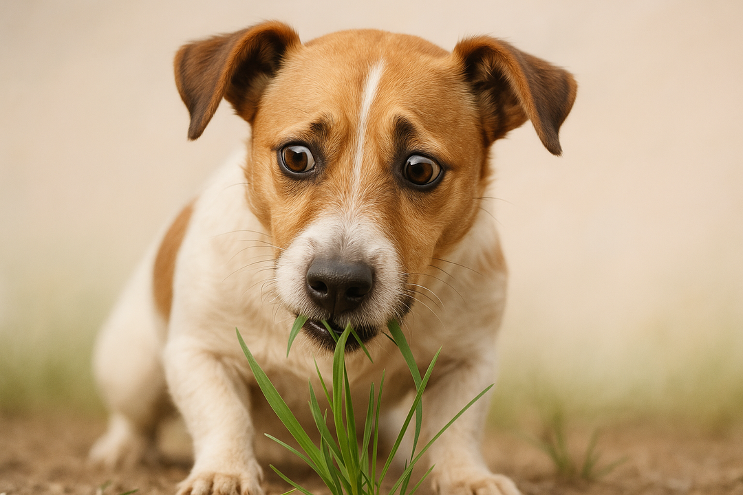 hond trekt gras uit de grond