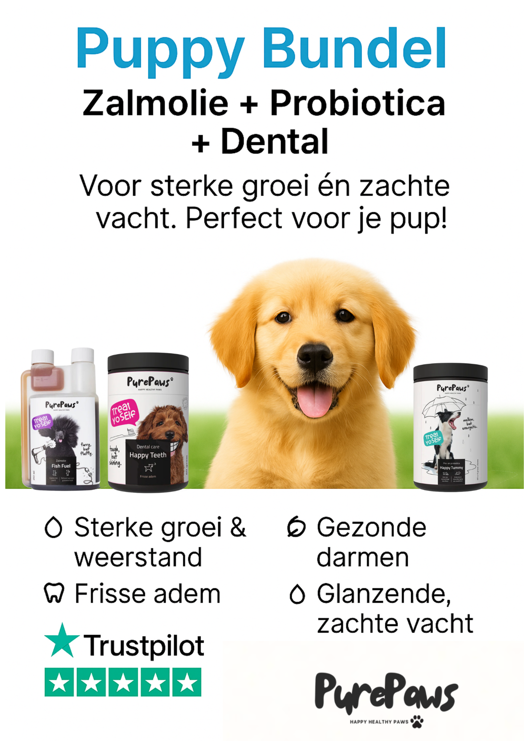 Puppy bundel Pure Paws - Zalmolie, Probiotica & Dental